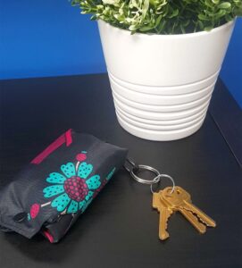 A small, fold-able reusable bag attached to a set of keys.