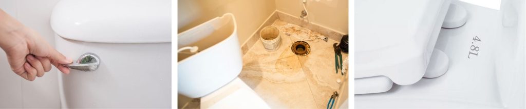 Three scenes: a close-up of a hand flushing a white toilet with a chrome handle; a removed toilet revealing an exposed floor drain; and close-up of a modern white dual-flush toilet lid.